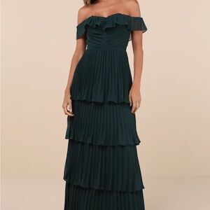 Always Remarkable Emerald Pleated Off-the-Shoulder Maxi Dress from Lulus